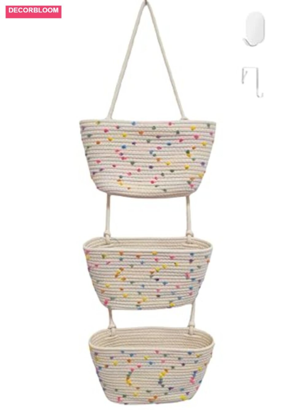 3-Tier Over Door Storage Basket Handwoven Cotton Rope Organizer with Hooks